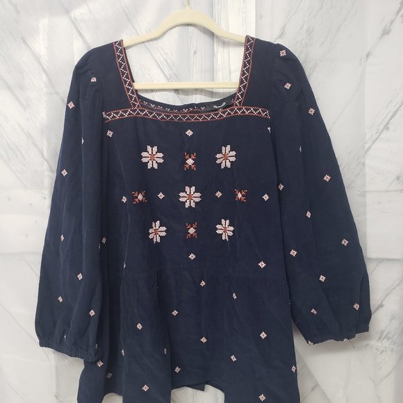 Madewell Navy Corduroy Embroidered Button Up Peasant Blouse Size 2X - Picture 1 of 14
